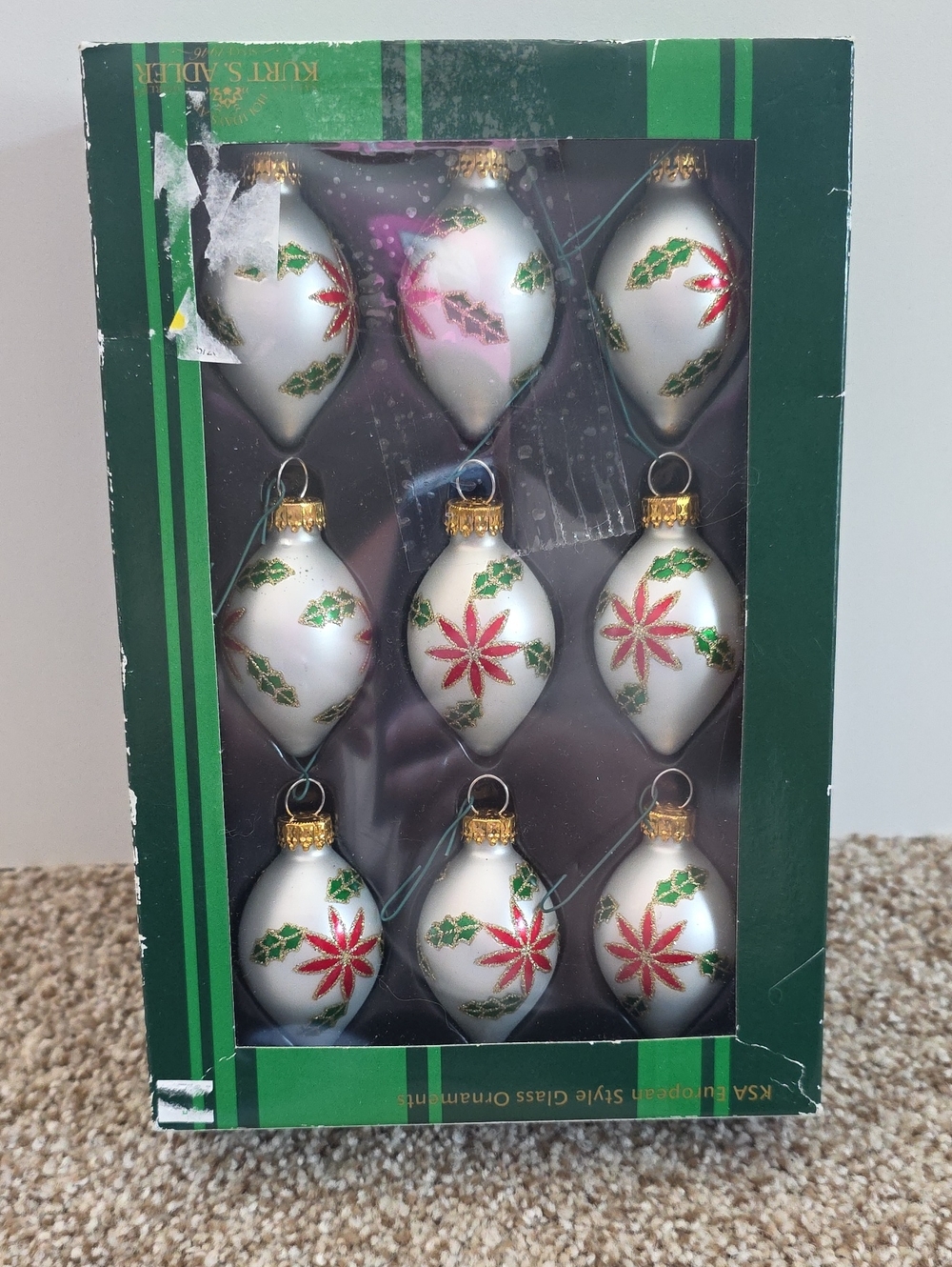 Vintage Kurt Adler White Poinsettia Teardrop Glass Ornaments - Set of 9